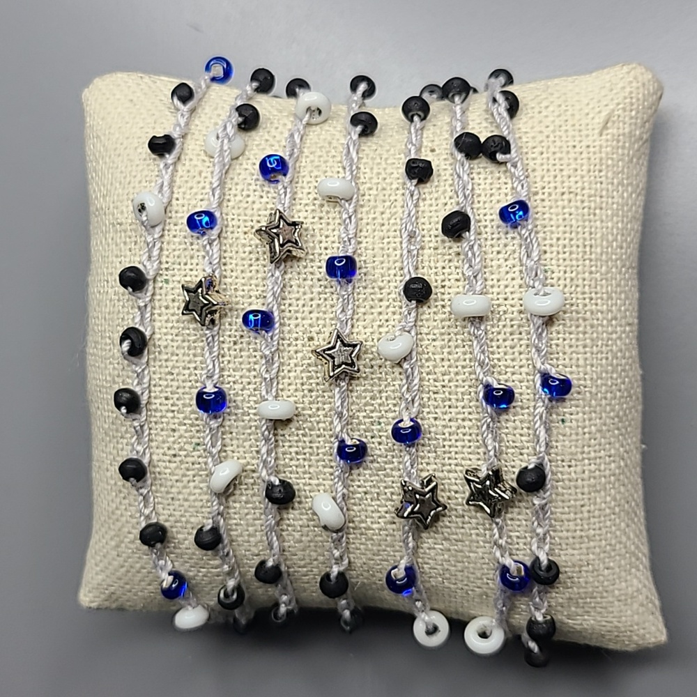 Women's Wrap Bracelet Light Gray Silver Stars Blue Black Beads Handmade Cute Fun